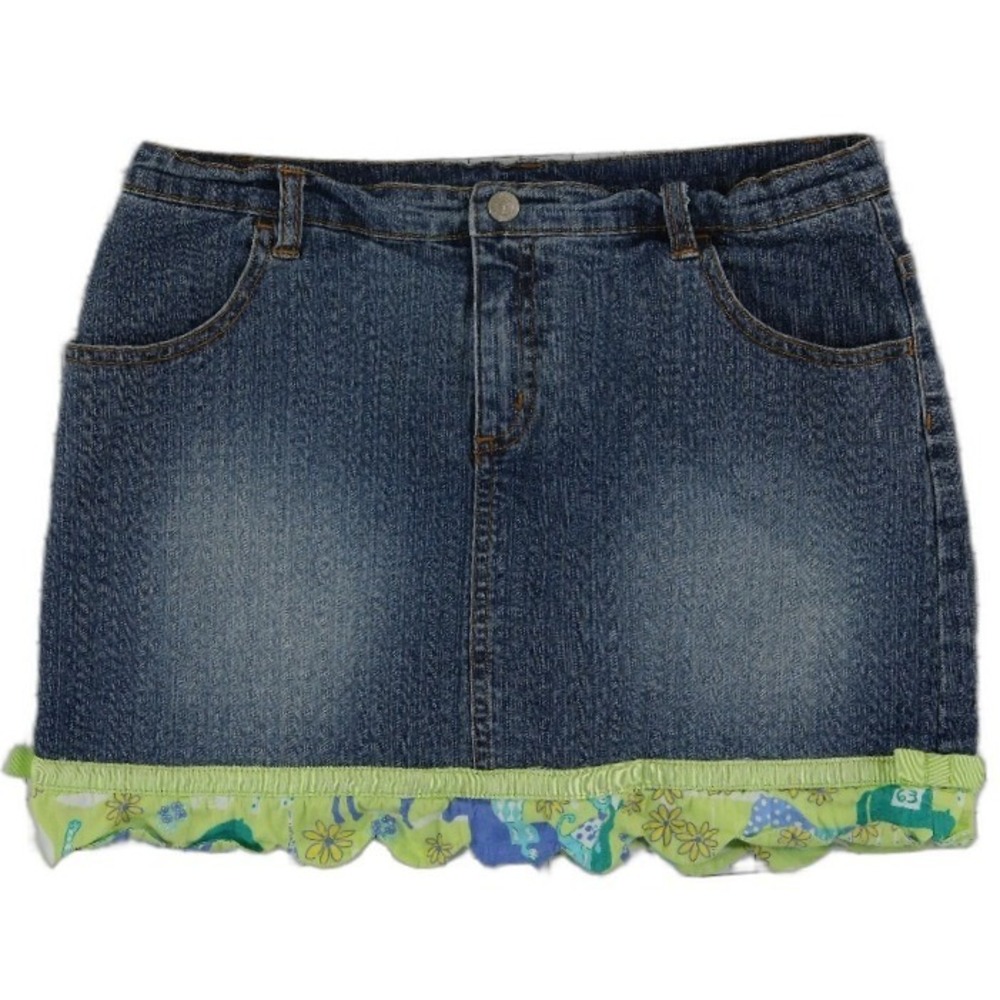 Lilly Pulitzer Denim Mini Skirt Women's Size 18 Dark Wash Ruffle Print Hem